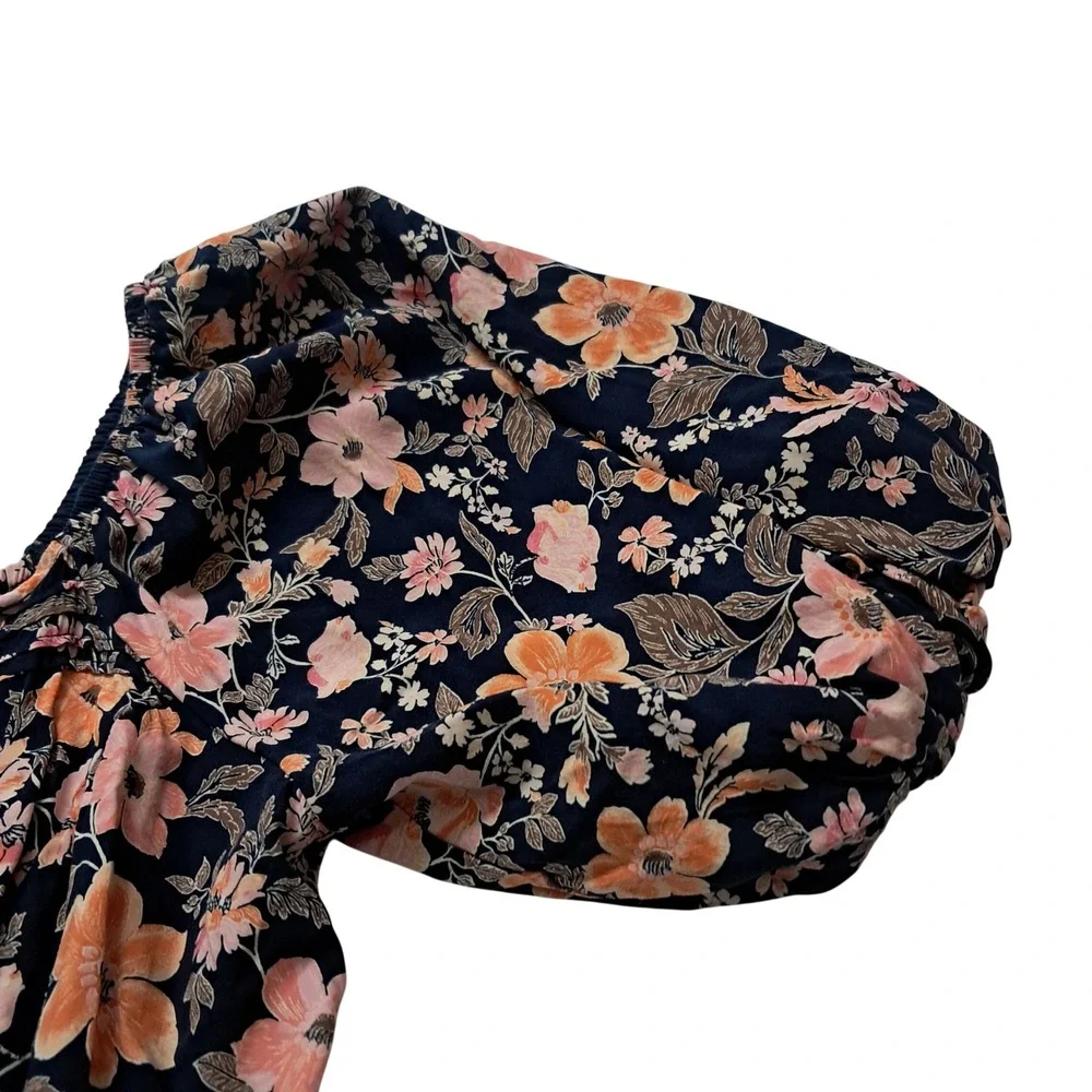 Old Navy Dress Women's Large Midi Navy Floral Puff Sleeve Smocked Feminine - Picture 7 of 12